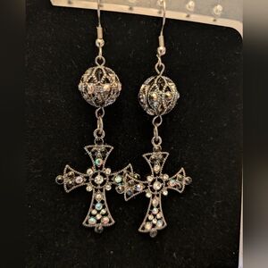 Gunmetal Aurora Borealis Cross Dangle Earrings Pierced